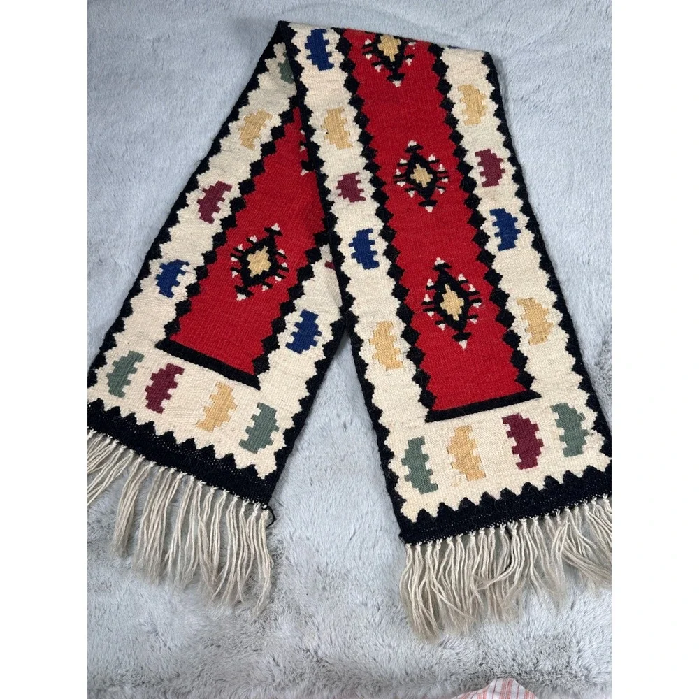 Table Runner  Southwestern Wool Kilim Geometric Fringe 39in